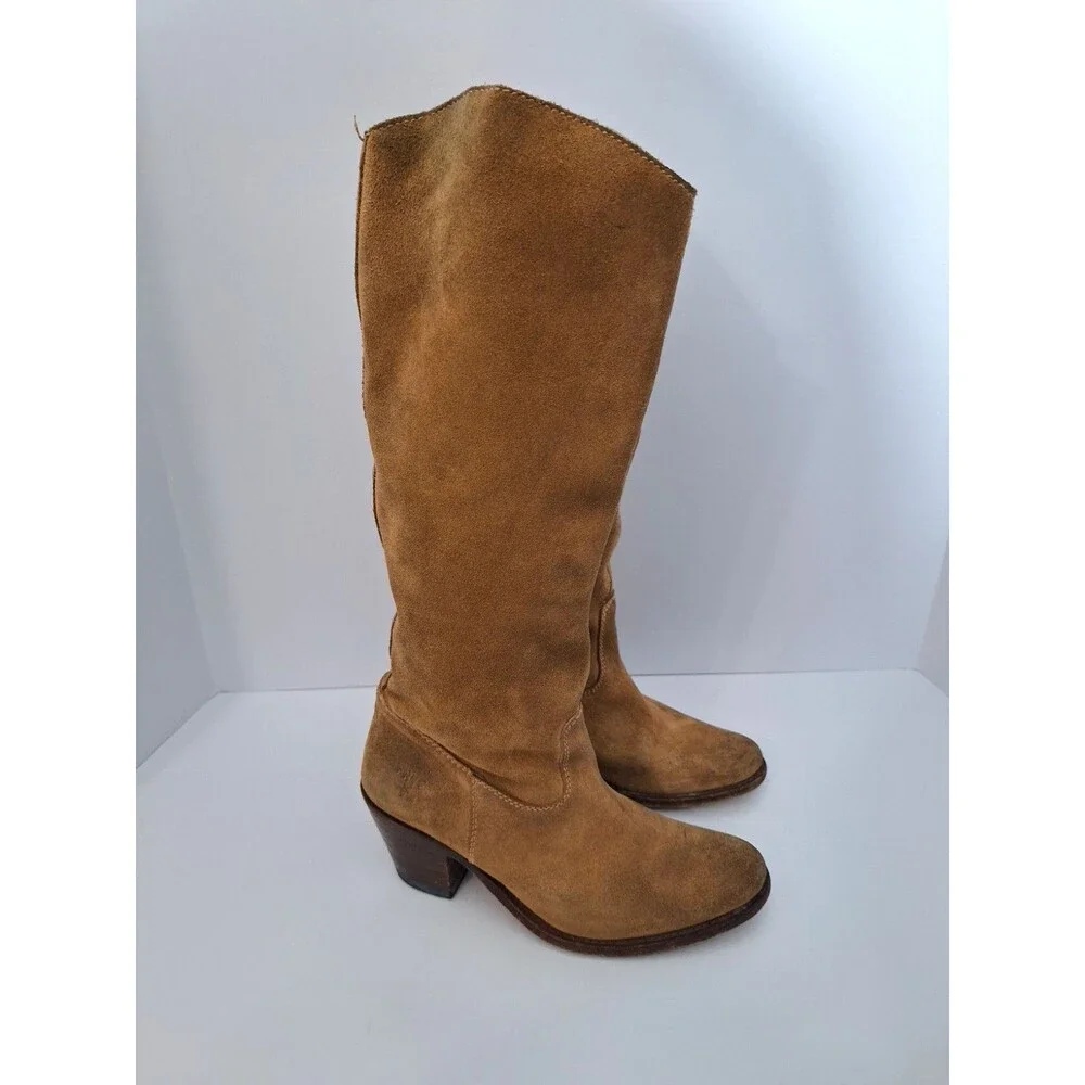 Frye Women's Camel Stacked Heel Suede Leather Knee High Western Boots Sz 6.5M